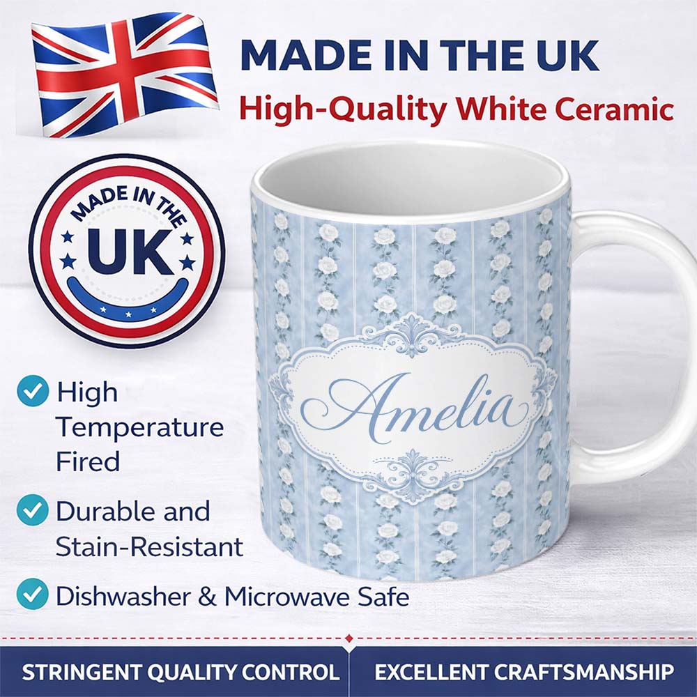 Personalized Custom Name Vintage Blue Rose Stripe Floral Seamless Pattern Cute Unique Gift 11oz Ceramic Coffee Tea Mug White Large Handle