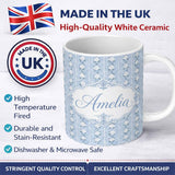 Personalized Custom Name Vintage Blue Rose Stripe Floral Seamless Pattern Cute Unique Gift 11oz Ceramic Coffee Tea Mug White Large Handle