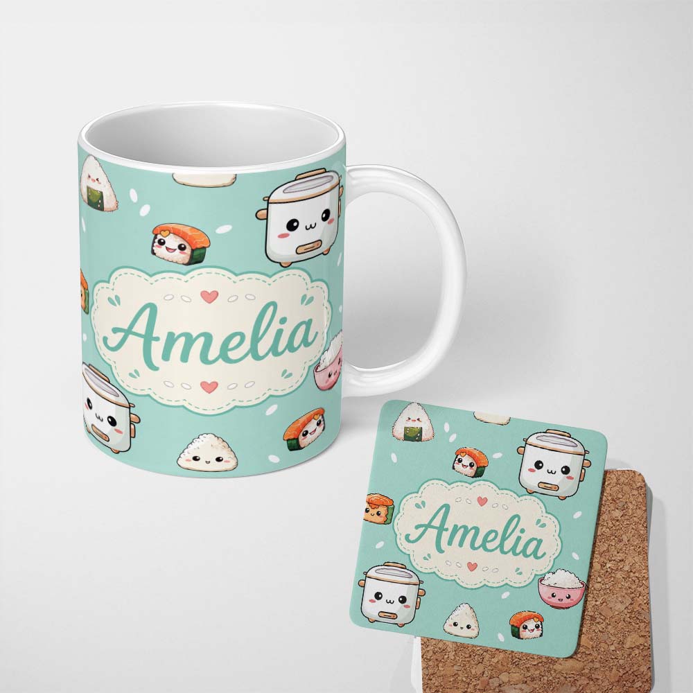 Personalized Custom Name Cute Kawaii Sushi Rice Cooker Bowl Mint Background Seamless Pattern 11oz Ceramic Coffee Tea Mug White Large Handle