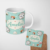 Personalized Custom Name Cute Kawaii Sushi Rice Cooker Bowl Mint Background Seamless Pattern 11oz Ceramic Coffee Tea Mug White Large Handle