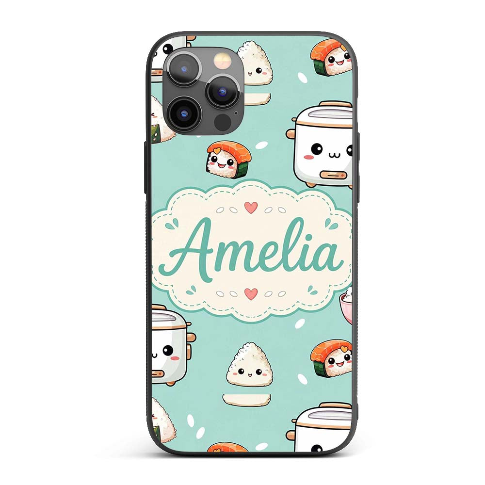 Cute Kawaii Sushi Rice Cooker Bowl Printed Design Custom Name Protective Phone Case Mobile Cover Durable Everyday Smartphone Shock Resistant