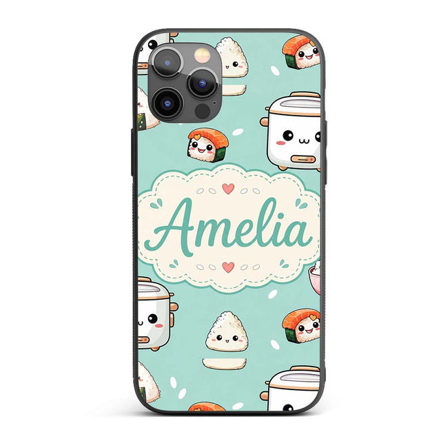 Cute Kawaii Sushi Rice Cooker Bowl Printed Design Custom Name Protective Phone Case Mobile Cover Durable Everyday Smartphone Shock Resistant