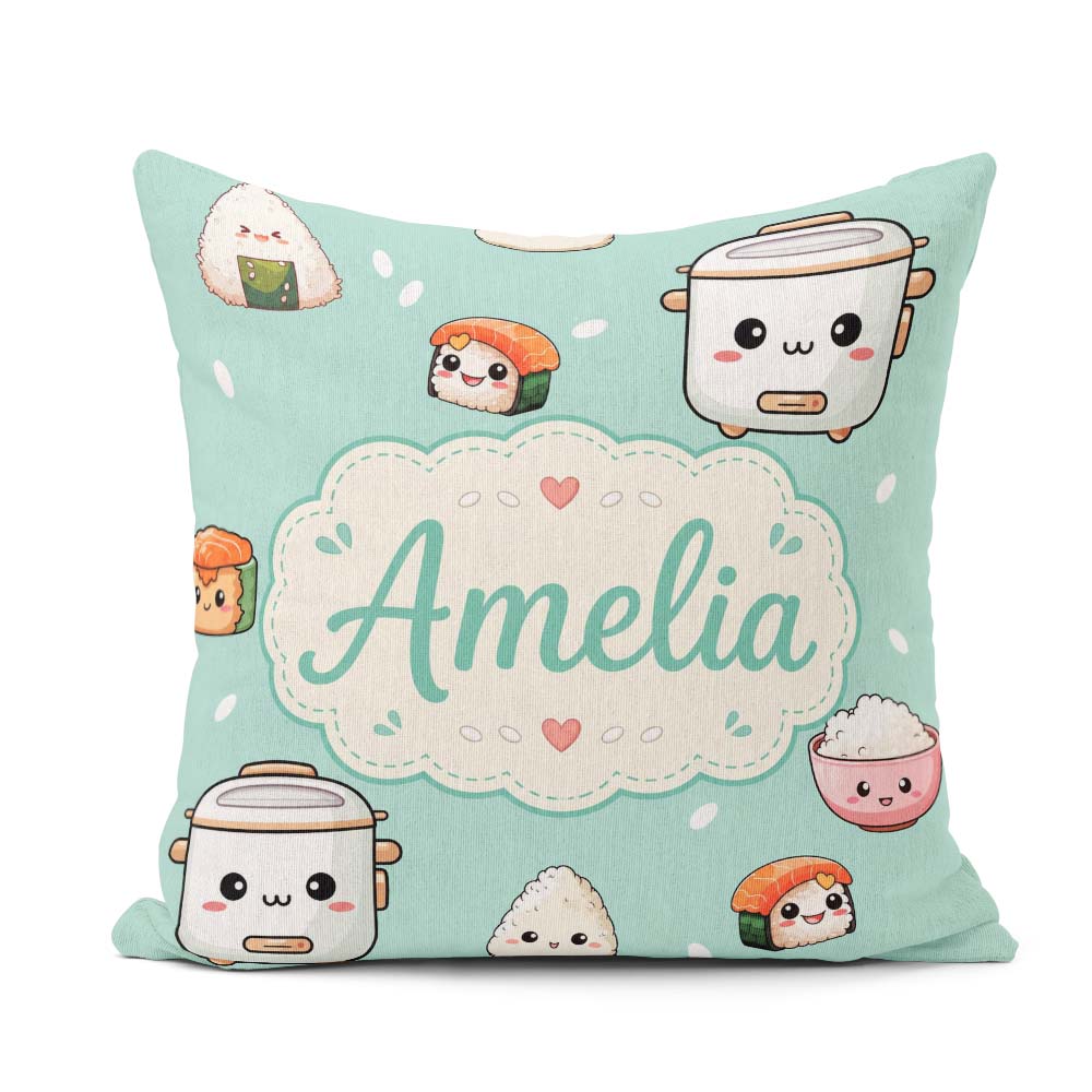 Custom Name Kawaii Sushi Rice Cooker Bowl Mint Seamless Pattern Square Filled Cushion Throw Pillow Sofa Bed Home Decor Zip Washable UK Made