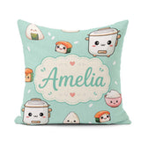 Custom Name Kawaii Sushi Rice Cooker Bowl Mint Seamless Pattern Square Filled Cushion Throw Pillow Sofa Bed Home Decor Zip Washable UK Made