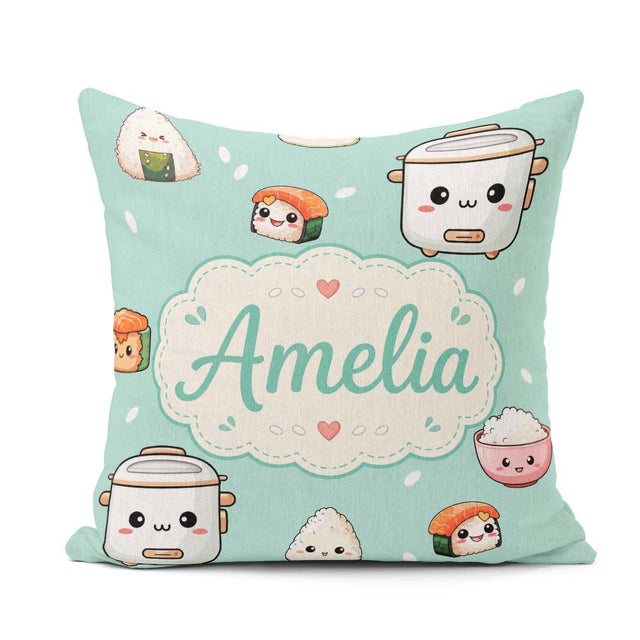 Custom Name Kawaii Sushi Rice Cooker Bowl Mint Seamless Pattern Square Filled Cushion Throw Pillow Sofa Bed Home Decor Zip Washable UK Made