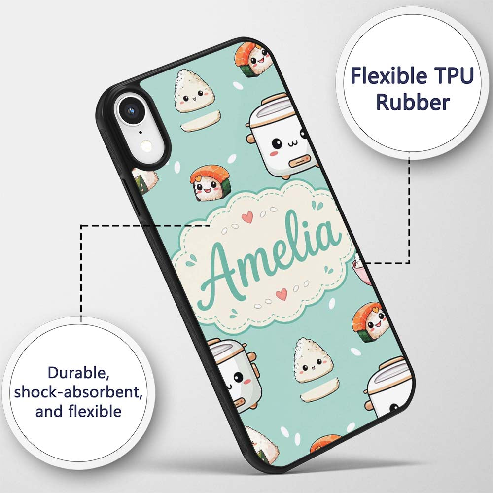 Cute Kawaii Sushi Rice Cooker Bowl Printed Design Custom Name Protective Phone Case Mobile Cover Durable Everyday Smartphone Shock Resistant