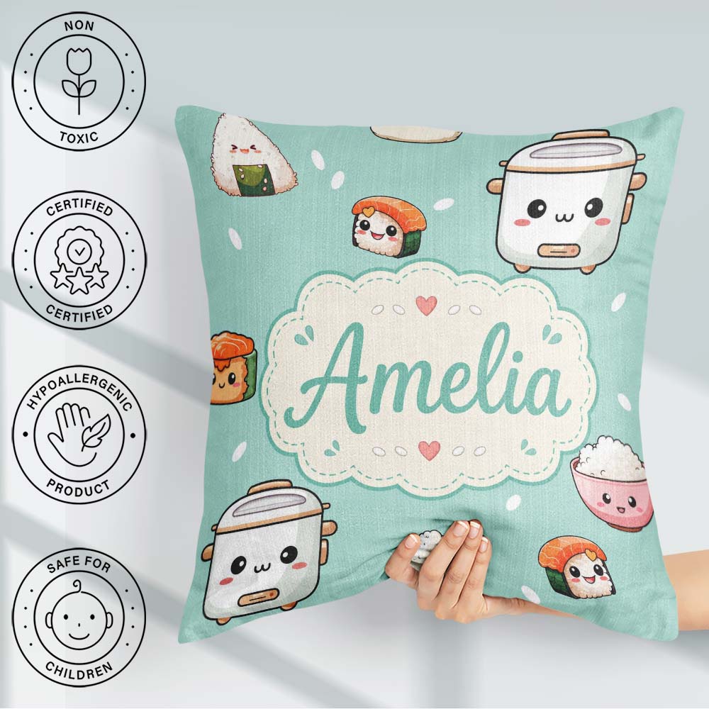 Custom Name Kawaii Sushi Rice Cooker Bowl Mint Seamless Pattern Square Filled Cushion Throw Pillow Sofa Bed Home Decor Zip Washable UK Made