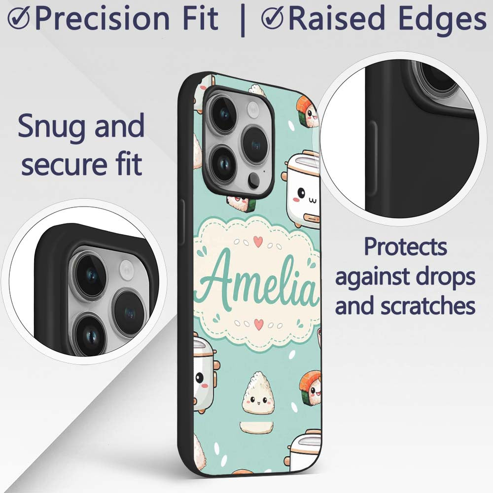 Cute Kawaii Sushi Rice Cooker Bowl Printed Design Custom Name Protective Phone Case Mobile Cover Durable Everyday Smartphone Shock Resistant