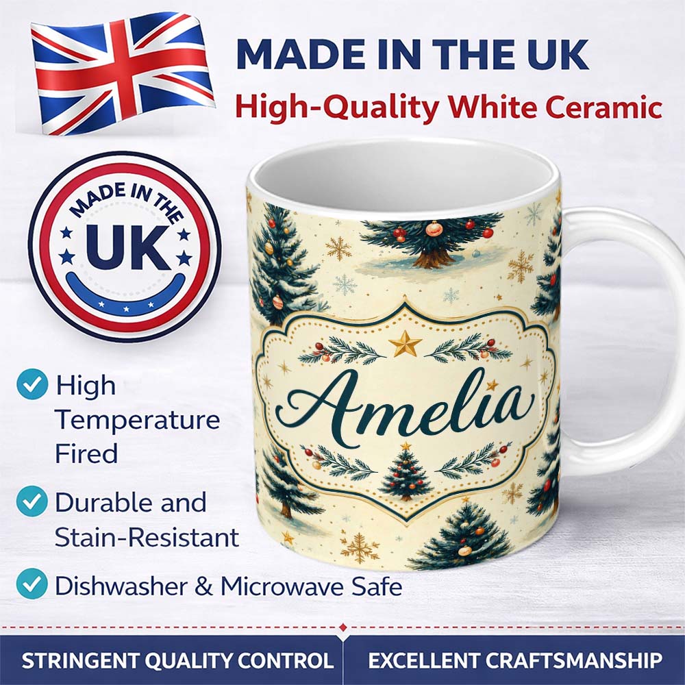 Personalized Custom Name Watercolor Snowy Christmas Trees with Golden Snowflakes Seamless 11oz Ceramic Coffee Tea Mug White Large Handle