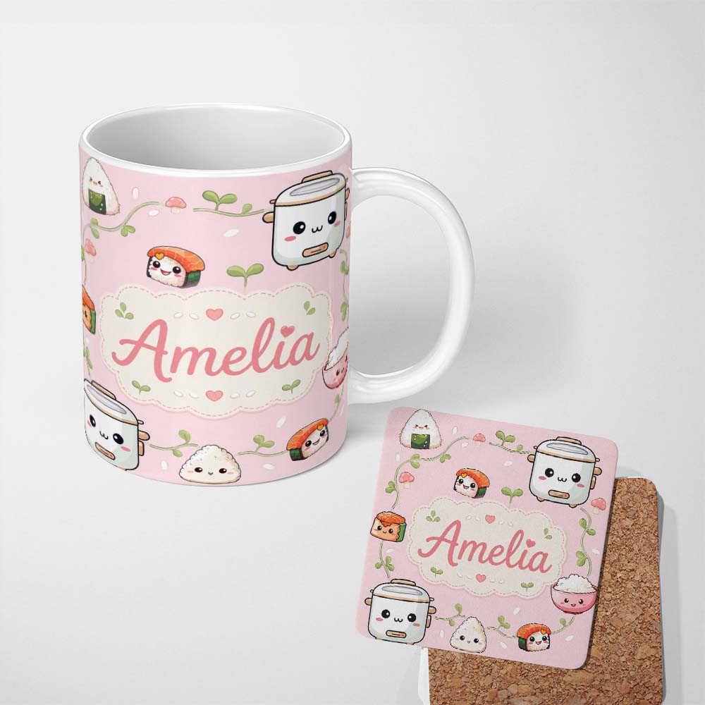 Personalized Custom Name Cute Kawaii Sushi Rice Cooker Bowl Soft Pink Background Seamless 11oz Ceramic Coffee Tea Mug White Large Handle