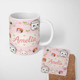 Personalized Custom Name Cute Kawaii Sushi Rice Cooker Bowl Soft Pink Background Seamless 11oz Ceramic Coffee Tea Mug White Large Handle