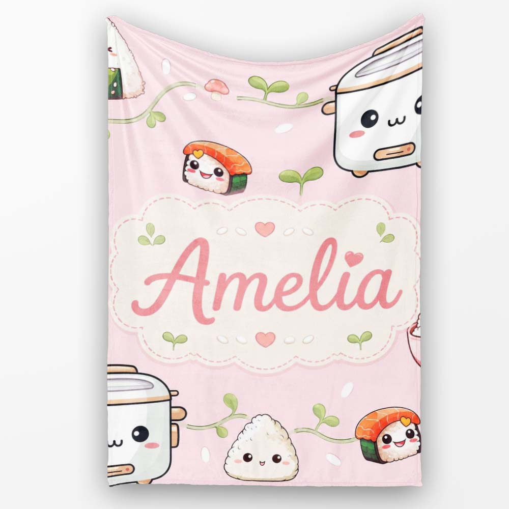 Cute Kawaii Sushi Rice Cooker Bowl Soft Pink Background Seamless  Personalised Custom Name Super Soft Fleece Blanket Bed Sofa Throw