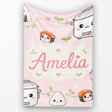 Cute Kawaii Sushi Rice Cooker Bowl Soft Pink Background Seamless  Personalised Custom Name Super Soft Fleece Blanket Bed Sofa Throw