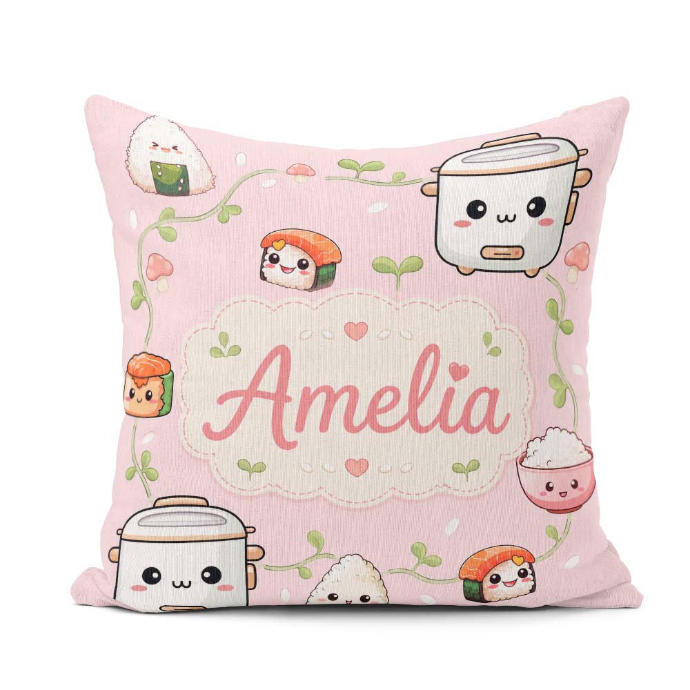 Custom Name Kawaii Sushi Rice Bowl Soft Pink Background Seamless Square Filled Cushion Throw Pillow Sofa Bed Home Decor Zip Washable UK Made