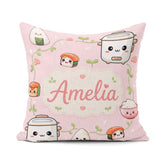 Custom Name Kawaii Sushi Rice Bowl Soft Pink Background Seamless Square Filled Cushion Throw Pillow Sofa Bed Home Decor Zip Washable UK Made