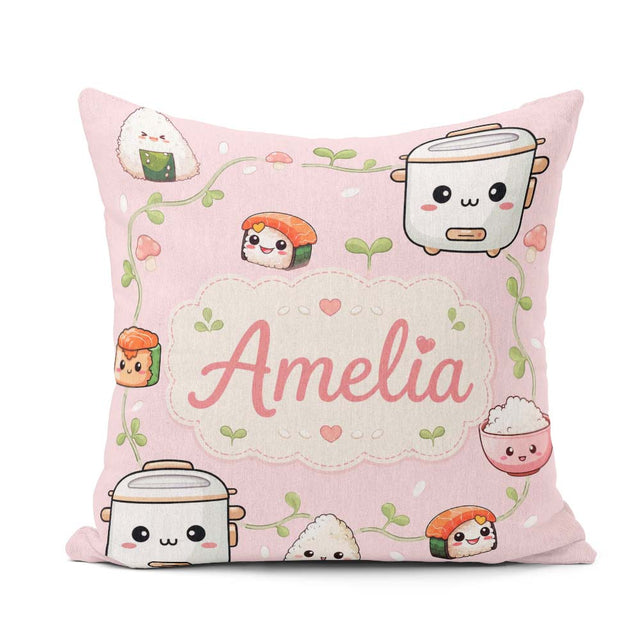 Custom Name Kawaii Sushi Rice Bowl Soft Pink Background Seamless Square Filled Cushion Throw Pillow Sofa Bed Home Decor Zip Washable UK Made