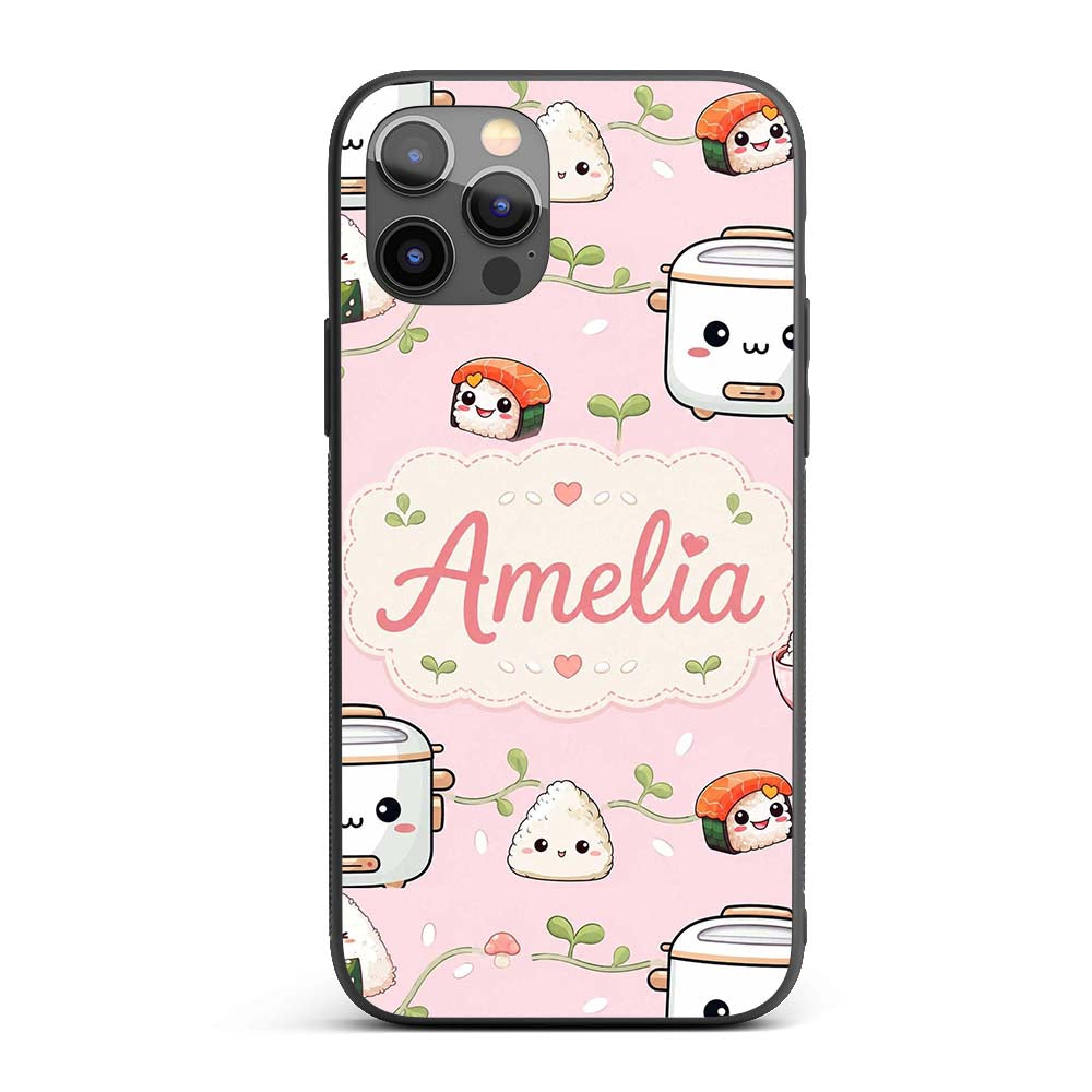 Cute Kawaii Sushi Rice Cooker Bowl Soft Pink Custom Name Protective Phone Case Mobile Cover Durable Everyday Smartphone Shock Resistant
