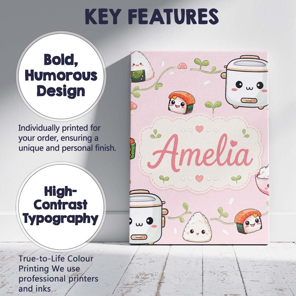 Personalised Name Cute Kawaii Sushi Rice Custom  Unique Gift Idea Elegant Feature Canvas Wall Art Print Decor Picture Ready to Hang