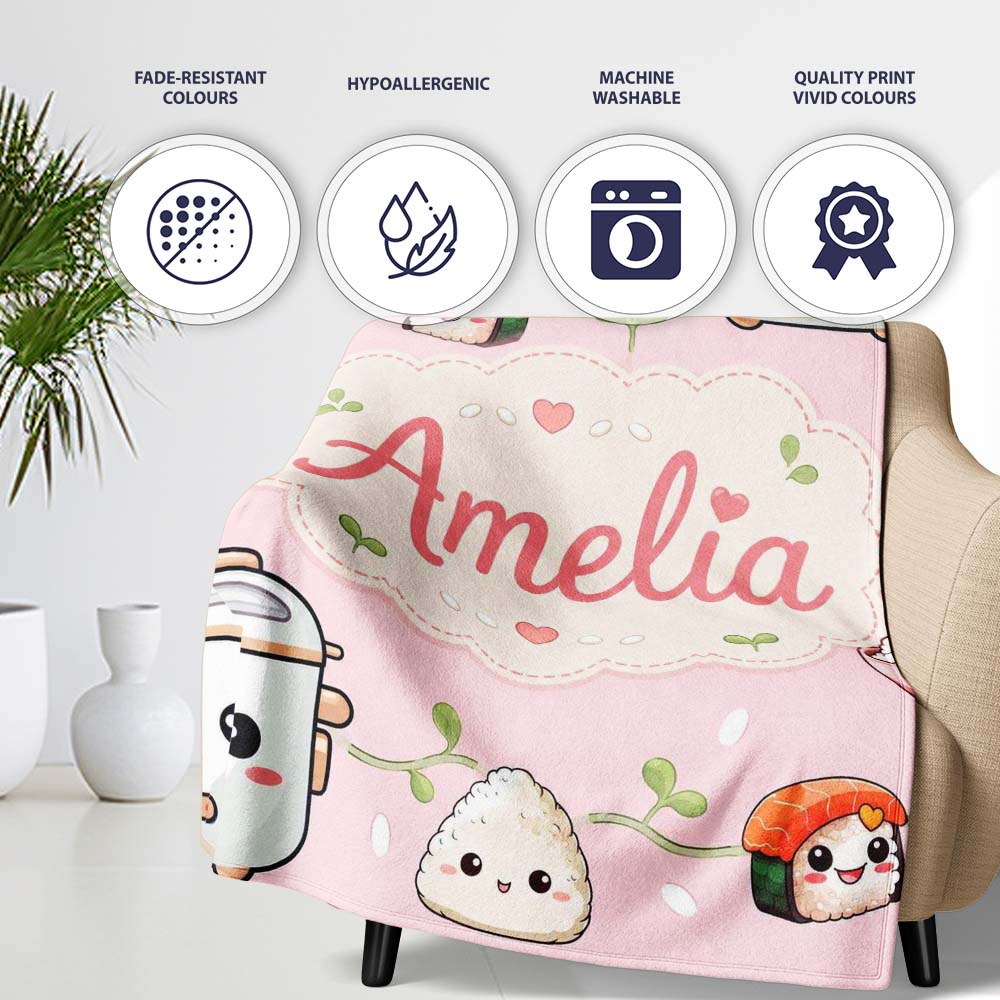 Cute Kawaii Sushi Rice Cooker Bowl Soft Pink Background Seamless  Personalised Custom Name Super Soft Fleece Blanket Bed Sofa Throw