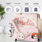 Cute Kawaii Sushi Rice Cooker Bowl Soft Pink Background Seamless  Personalised Custom Name Super Soft Fleece Blanket Bed Sofa Throw