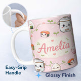 Personalized Custom Name Cute Kawaii Sushi Rice Cooker Bowl Soft Pink Background Seamless 11oz Ceramic Coffee Tea Mug White Large Handle