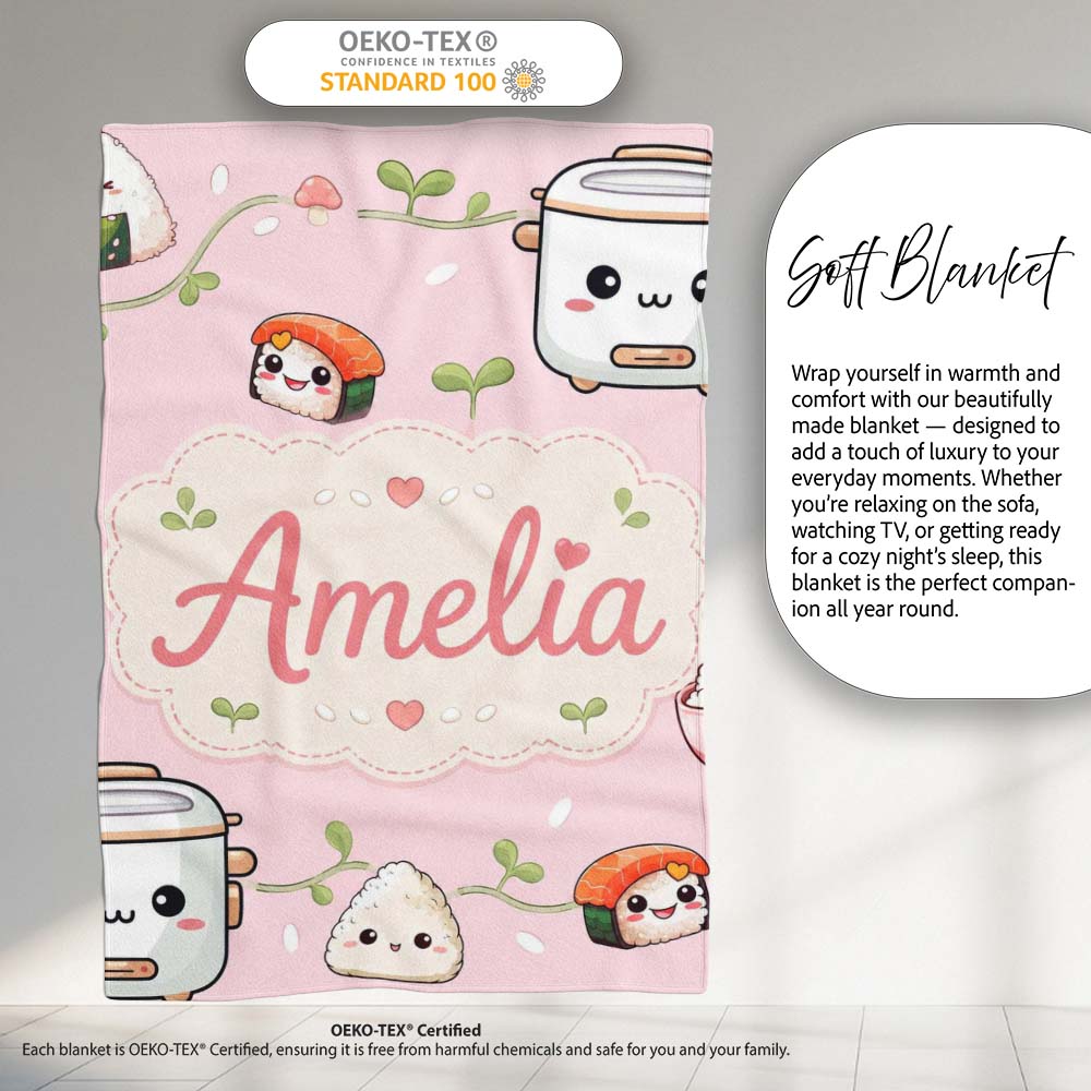 Cute Kawaii Sushi Rice Cooker Bowl Soft Pink Background Seamless  Personalised Custom Name Super Soft Fleece Blanket Bed Sofa Throw