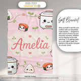 Cute Kawaii Sushi Rice Cooker Bowl Soft Pink Background Seamless  Personalised Custom Name Super Soft Fleece Blanket Bed Sofa Throw