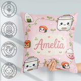 Custom Name Kawaii Sushi Rice Bowl Soft Pink Background Seamless Square Filled Cushion Throw Pillow Sofa Bed Home Decor Zip Washable UK Made