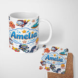 Personalized Custom Name Kids Scuba Divers Submarine Jellyfish Ocean Animals Light Grey 11oz Ceramic Coffee Tea Mug White Large Handle