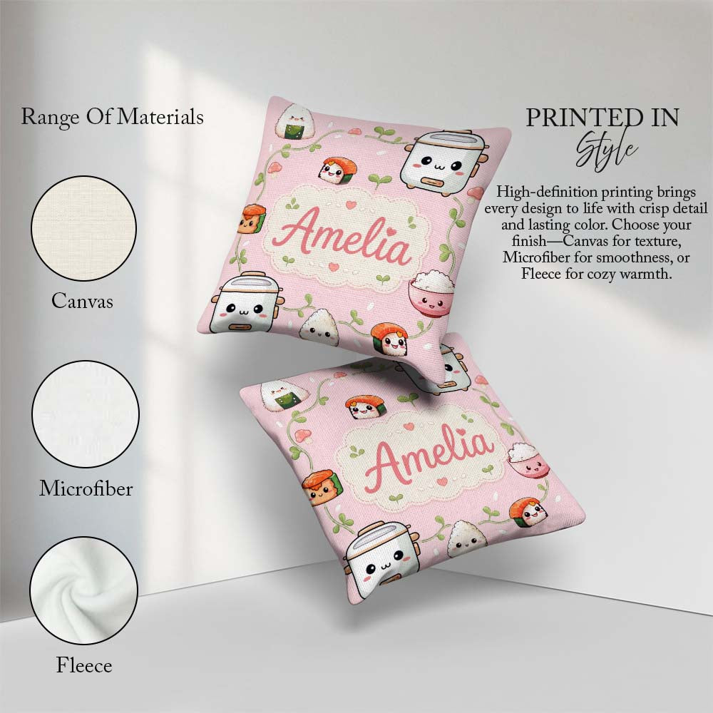 Custom Name Kawaii Sushi Rice Bowl Soft Pink Background Seamless Square Filled Cushion Throw Pillow Sofa Bed Home Decor Zip Washable UK Made