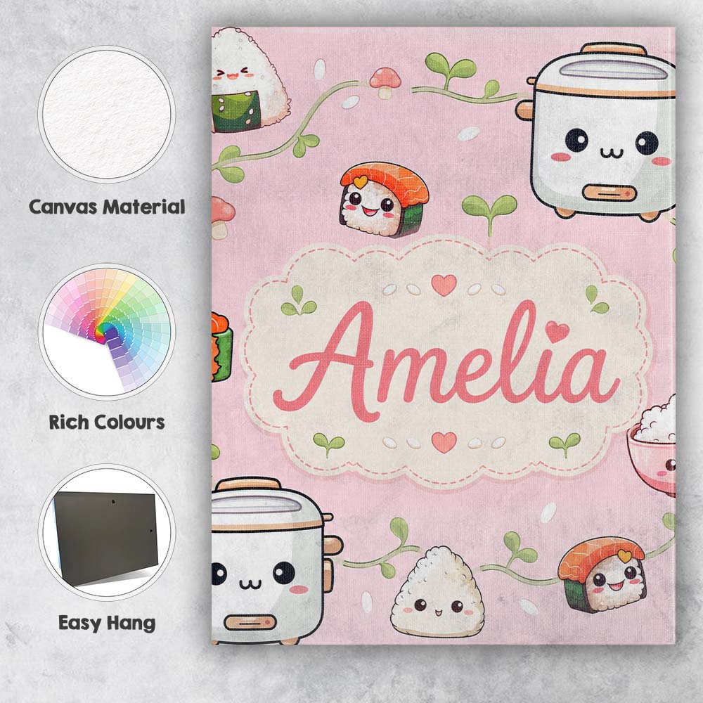 Personalised Name Cute Kawaii Sushi Rice Custom  Unique Gift Idea Elegant Feature Canvas Wall Art Print Decor Picture Ready to Hang