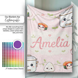 Cute Kawaii Sushi Rice Cooker Bowl Soft Pink Background Seamless  Personalised Custom Name Super Soft Fleece Blanket Bed Sofa Throw