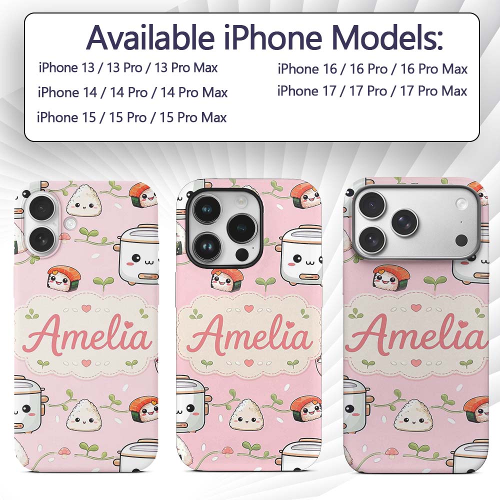 Cute Kawaii Sushi Rice Cooker Bowl Soft Pink Custom Name Protective Phone Case Mobile Cover Durable Everyday Smartphone Shock Resistant