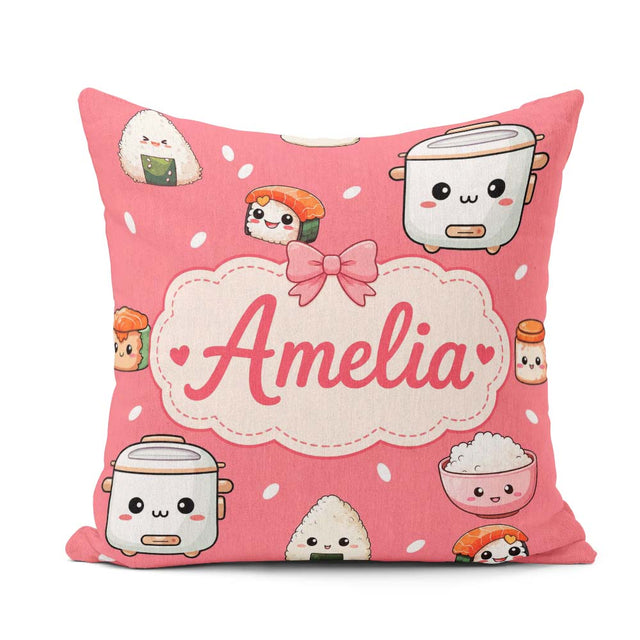 Custom Name Cute Kawaii Sushi Rice Cooker Bowl Coral Background Square Filled Cushion Throw Pillow Sofa Bed Home Decor Zip Washable UK Made