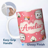 Personalized Custom Name Cute Kawaii Sushi Rice Cooker Bowl Coral Background Seamless 11oz Ceramic Coffee Tea Mug White Large Handle