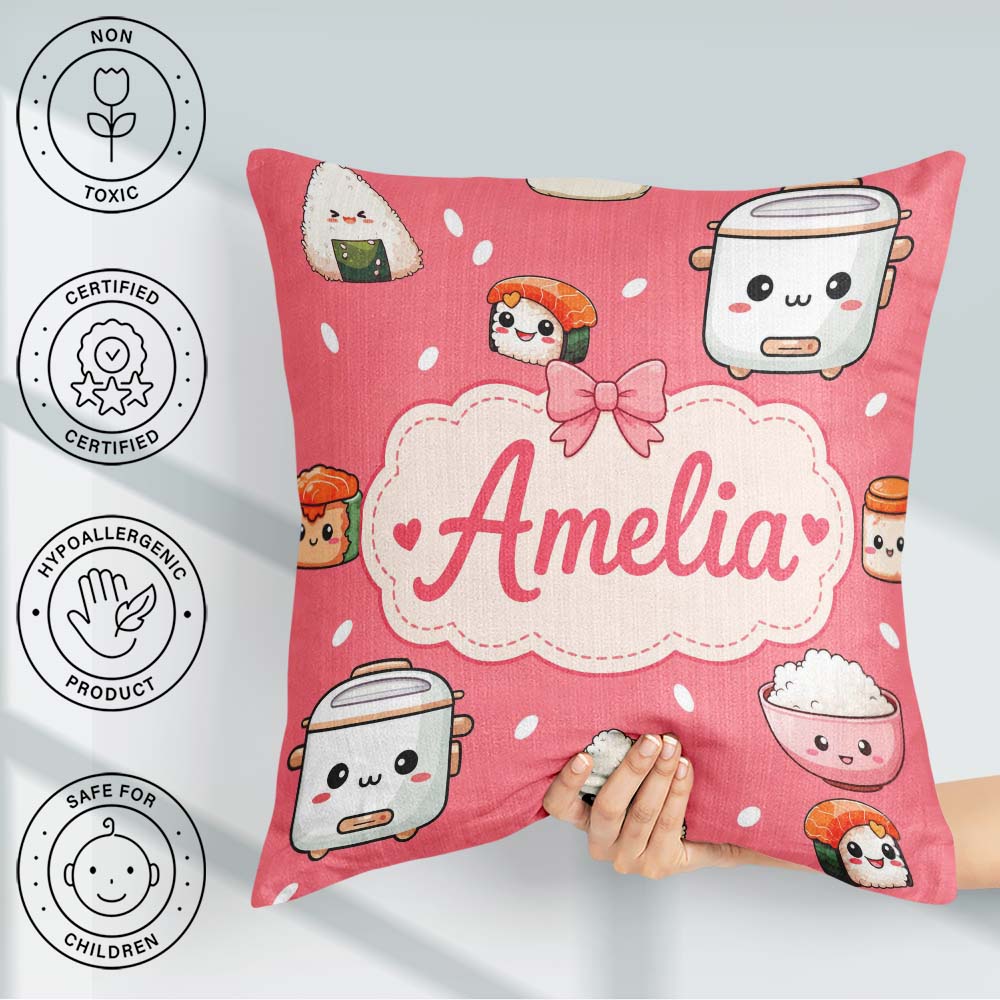 Custom Name Cute Kawaii Sushi Rice Cooker Bowl Coral Background Square Filled Cushion Throw Pillow Sofa Bed Home Decor Zip Washable UK Made