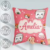 Custom Name Cute Kawaii Sushi Rice Cooker Bowl Coral Background Square Filled Cushion Throw Pillow Sofa Bed Home Decor Zip Washable UK Made