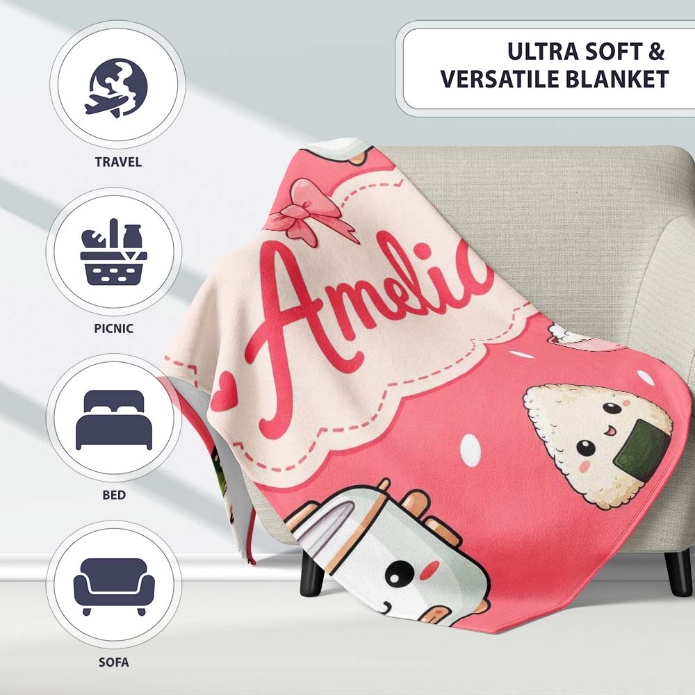 Cute Kawaii Sushi Rice Cooker Bowl Coral Background Seamless  Personalised Custom Name Super Soft Fleece Blanket Bed Sofa Throw