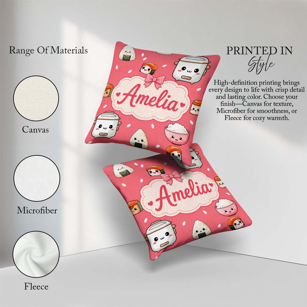 Custom Name Cute Kawaii Sushi Rice Cooker Bowl Coral Background Square Filled Cushion Throw Pillow Sofa Bed Home Decor Zip Washable UK Made