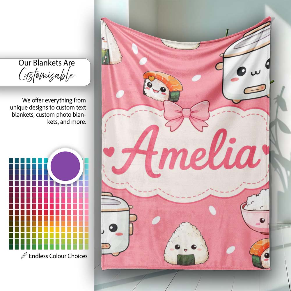 Cute Kawaii Sushi Rice Cooker Bowl Coral Background Seamless  Personalised Custom Name Super Soft Fleece Blanket Bed Sofa Throw