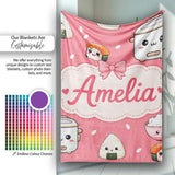 Cute Kawaii Sushi Rice Cooker Bowl Coral Background Seamless  Personalised Custom Name Super Soft Fleece Blanket Bed Sofa Throw