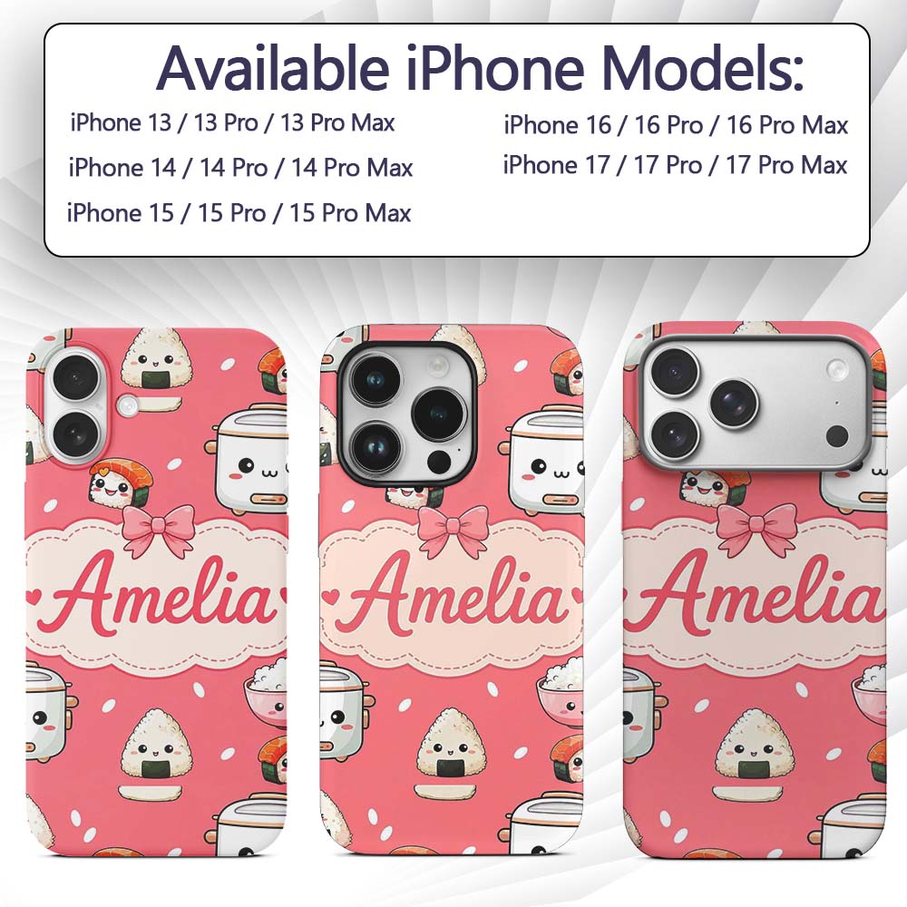 Cute Kawaii Sushi Rice Cooker Bowl Printed Design Custom Name Protective Phone Case Mobile Cover Durable Everyday Smartphone Shock Resistant