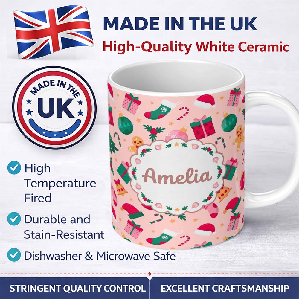 Personalized Custom Name Cute Gingerbread Candy Cane Baubles Christmas Seamless Pattern 11oz Ceramic Coffee Tea Mug White Large Handle