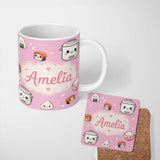 Personalized Custom Name Cute Kawaii Sushi Rice Cooker Bowl Blush Background Seamless 11oz Ceramic Coffee Tea Mug White Large Handle