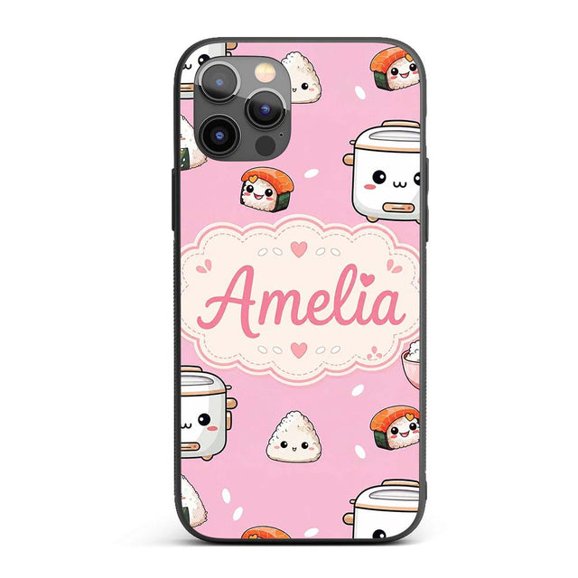 Cute Kawaii Sushi Rice Cooker Bowl Printed Design Custom Name Protective Phone Case Mobile Cover Durable Everyday Smartphone Shock Resistant