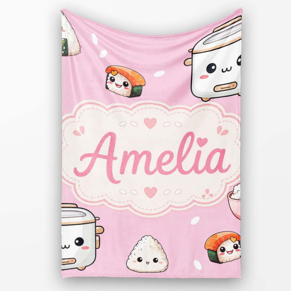 Cute Kawaii Sushi Rice Cooker Bowl Blush Background Seamless  Personalised Custom Name Super Soft Fleece Blanket Bed Sofa Throw