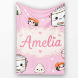 Cute Kawaii Sushi Rice Cooker Bowl Blush Background Seamless  Personalised Custom Name Super Soft Fleece Blanket Bed Sofa Throw
