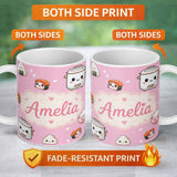 Personalized Custom Name Cute Kawaii Sushi Rice Cooker Bowl Blush Background Seamless 11oz Ceramic Coffee Tea Mug White Large Handle