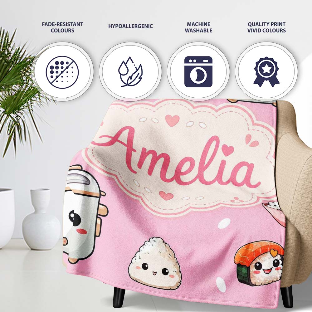 Cute Kawaii Sushi Rice Cooker Bowl Blush Background Seamless  Personalised Custom Name Super Soft Fleece Blanket Bed Sofa Throw
