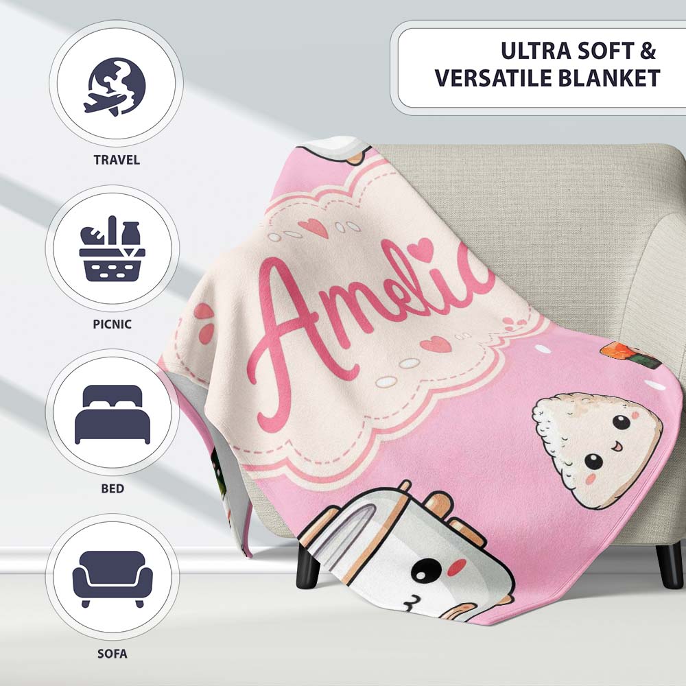 Cute Kawaii Sushi Rice Cooker Bowl Blush Background Seamless  Personalised Custom Name Super Soft Fleece Blanket Bed Sofa Throw